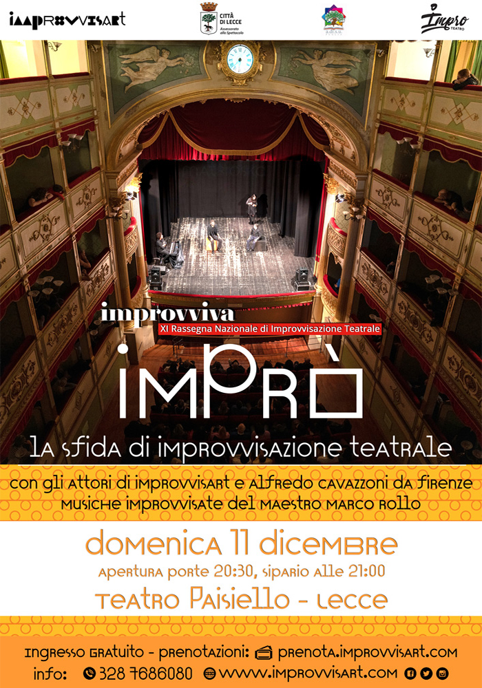 "Imprò, la sfida di Improvvisazione Teatrale" domenica 11 dicembre al Teatro Paisiello di Lecce