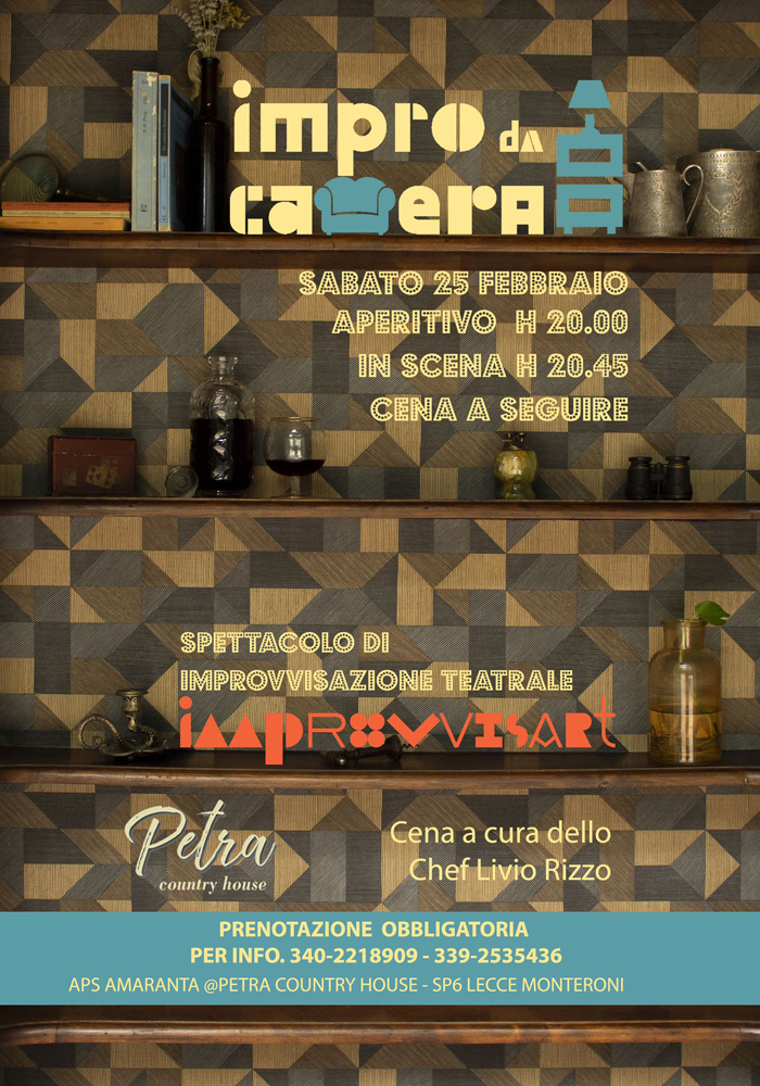"Impro da Camera", cena spettacolo di Improvvisazione Teatrale il 25 febbraio 2023 a Monteroni "Impro da Camera", cena spettacolo di Improvvisazione Teatrale il 25 febbraio 2023 a Monteroni