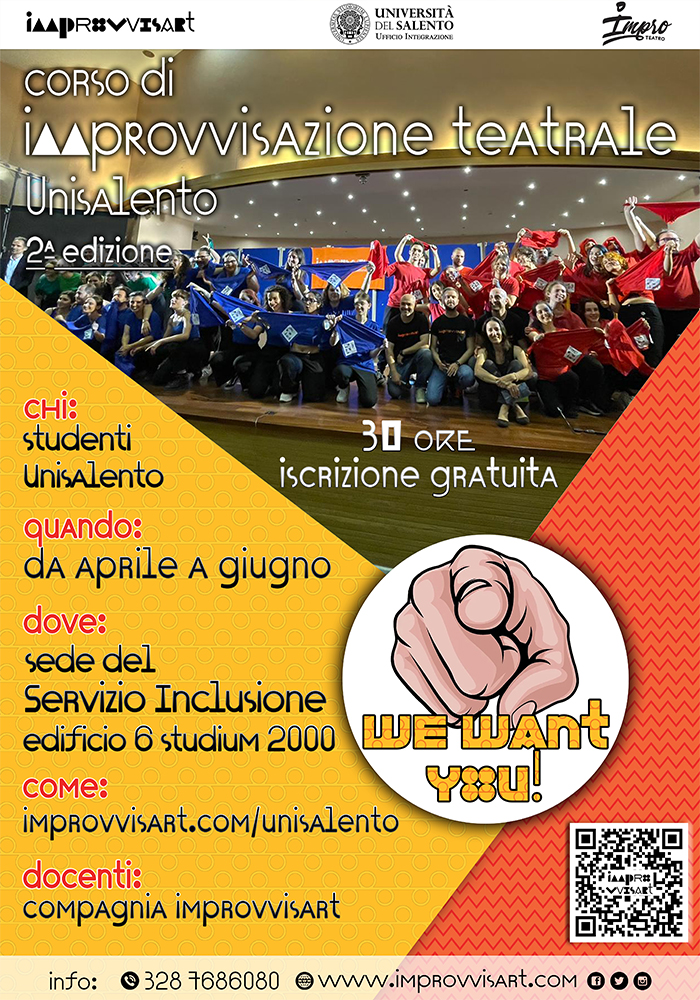 Parte la II edizione del corso di Improvvisazione Teatrale per gli studenti di Unisalento Parte la II edizione del corso di Improvvisazione Teatrale per gli studenti di Unisalento