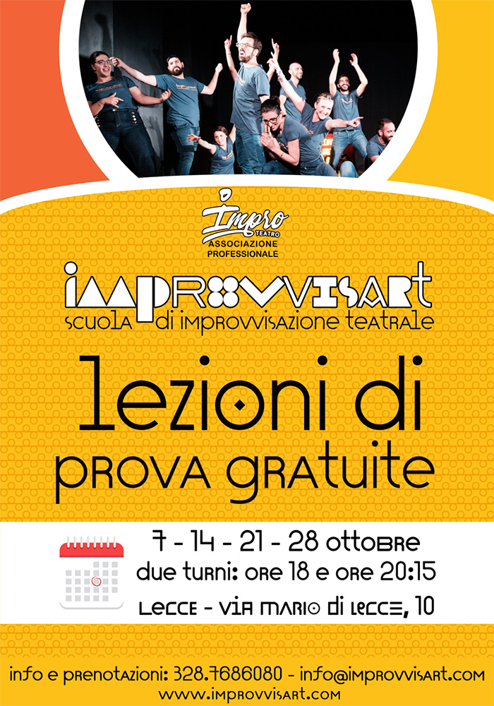 Lezioni di prova gratuite della Scuola di Improvvisazione Teatrale Improvvisart di Lecce tutti i lunedì di ottobre Lezioni di prova gratuite della Scuola di Improvvisazione Teatrale Improvvisart di Lecce tutti i lunedì di ottobre