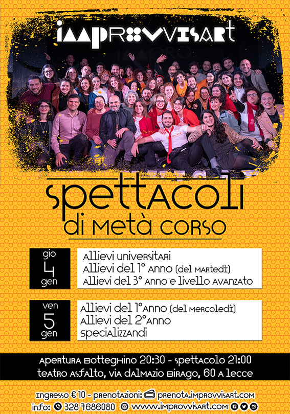 “Spettacoli di metà corso” -  Performance degli allievi della Scuola Improvvisart di Lecce il 4 e 5 gennaio a Lecce
