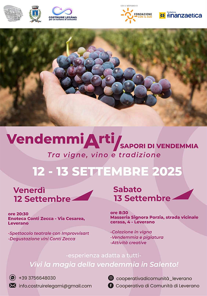 VendemmiArti: tradizione, vino e comunità tra le vigne di Leverano il 12 e 13 settembre VendemmiArti: tradizione, vino e comunità tra le vigne di Leverano il 12 e 13 settembre